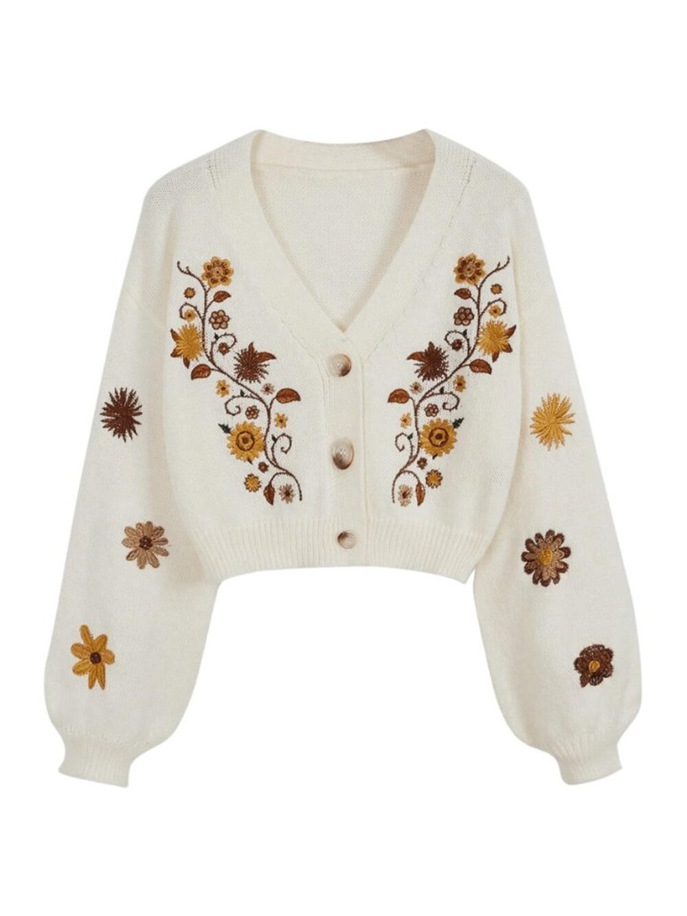 Women's V Neck Floral Embroidered Cardigan Sweaters Lantern Sleeve Button Down